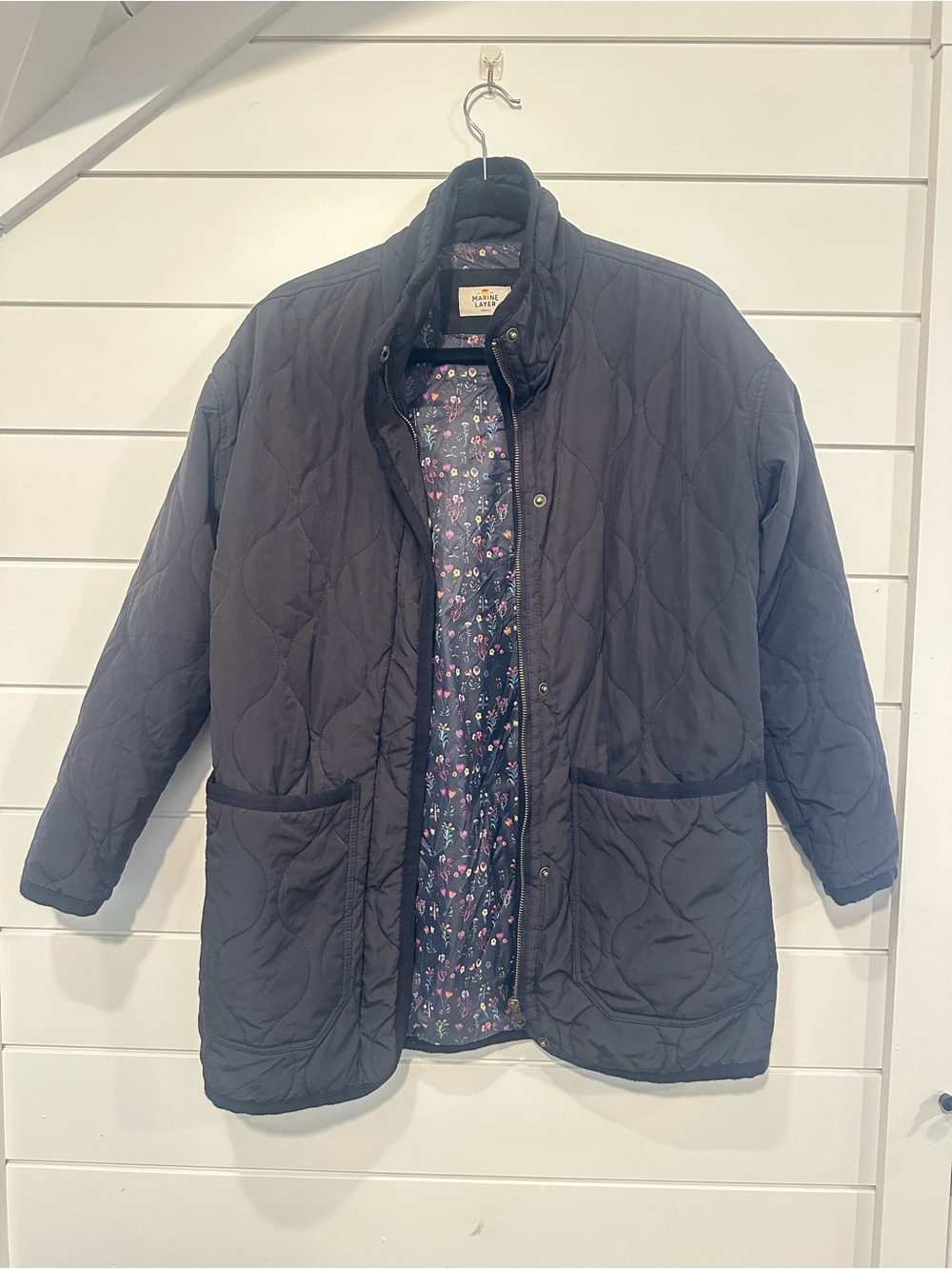 Marine Layer Quilted Black Long Puffer Coat